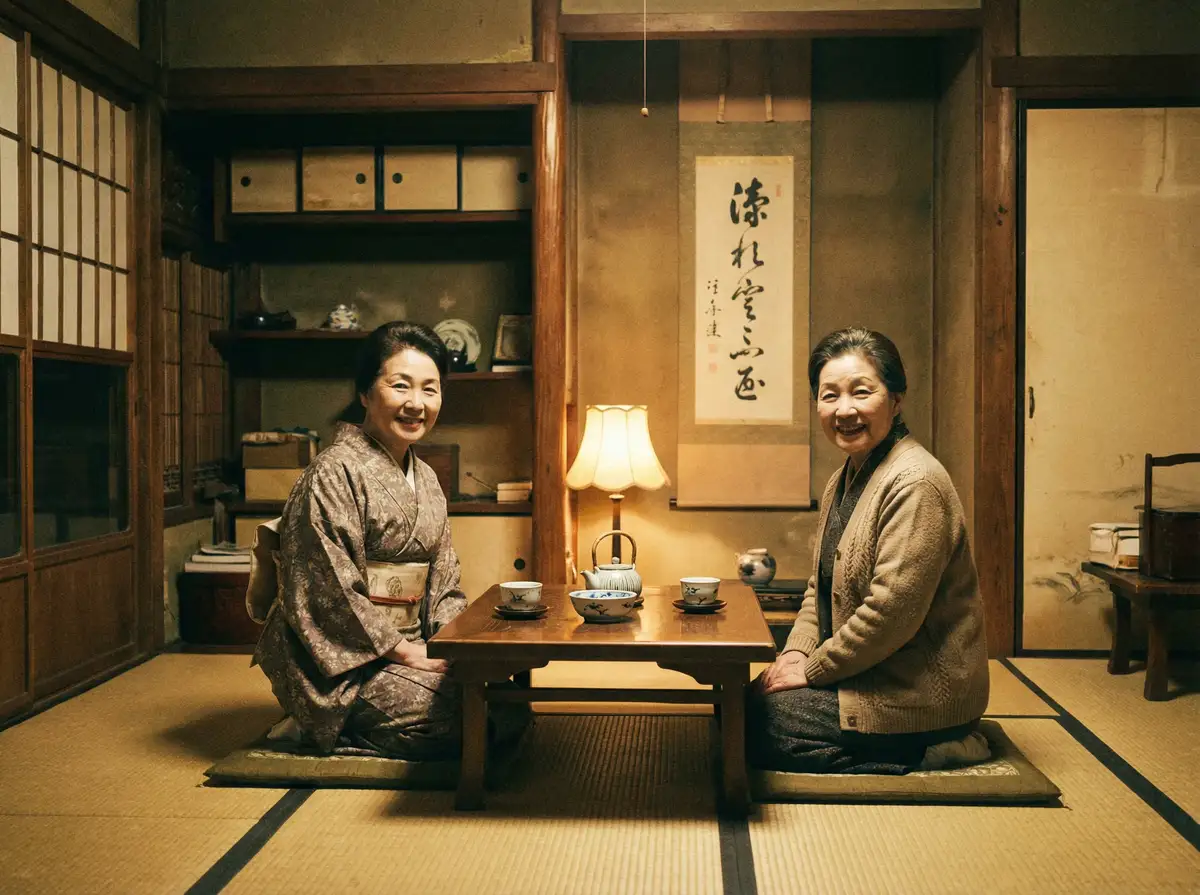 两位优雅的 福利姬 在日式茶室中品茶交谈
